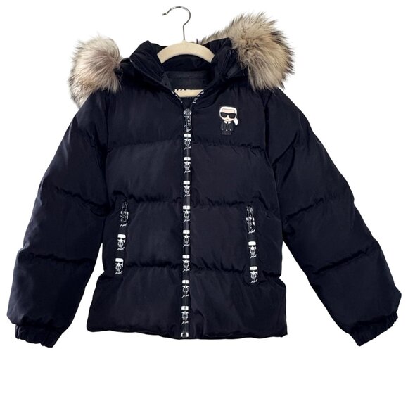 KARL LAGERFELD KIDS Black Puffer Jacket Girls 5-6 Faux Fur Removeable Hood - Picture 1 of 11